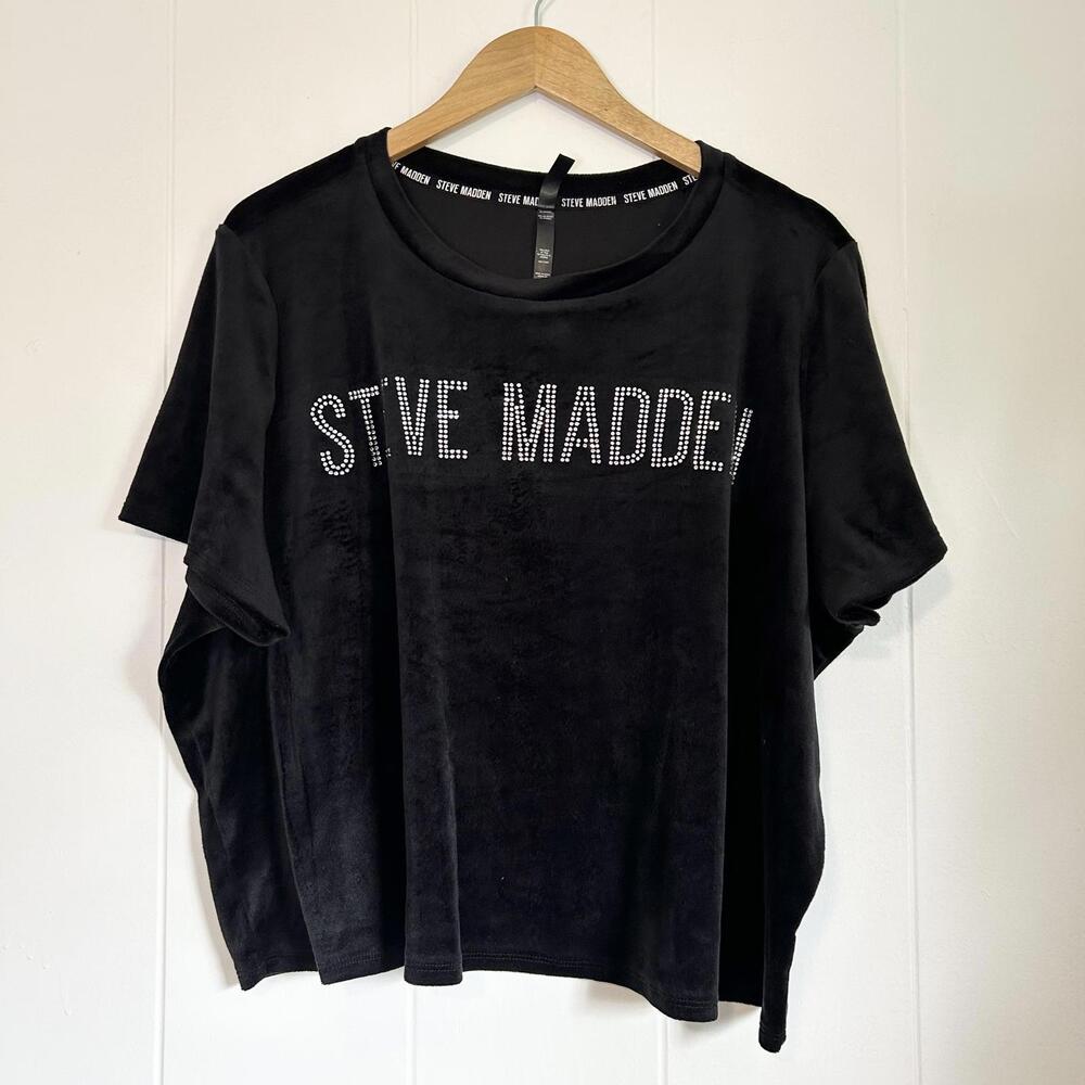 Steve Madden Black Velvet Bedazzled Short Sleeve Shirt Top Women's 2X